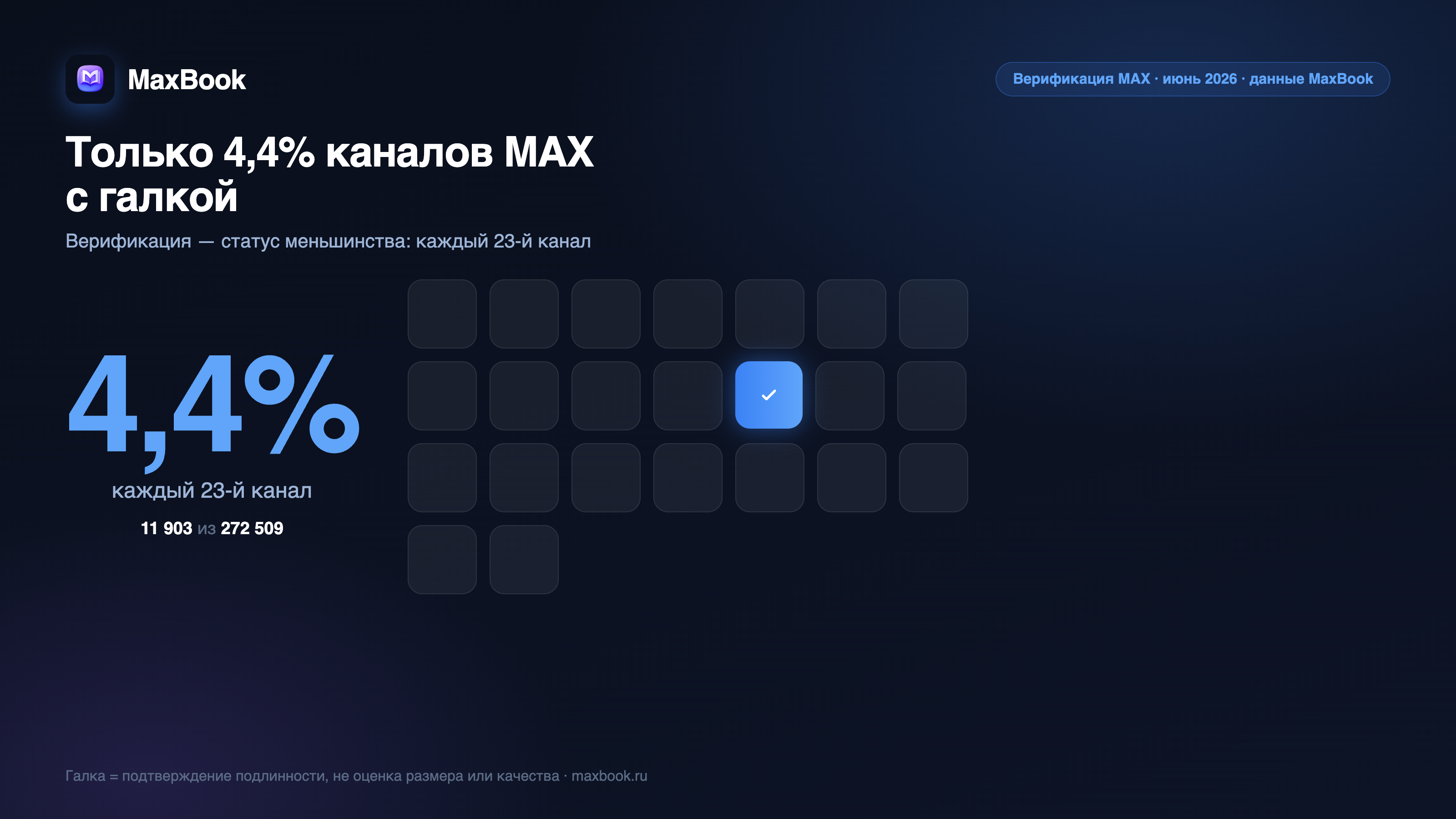 Только 4,4% каналов MAX верифицированы — инфографика MaxBook